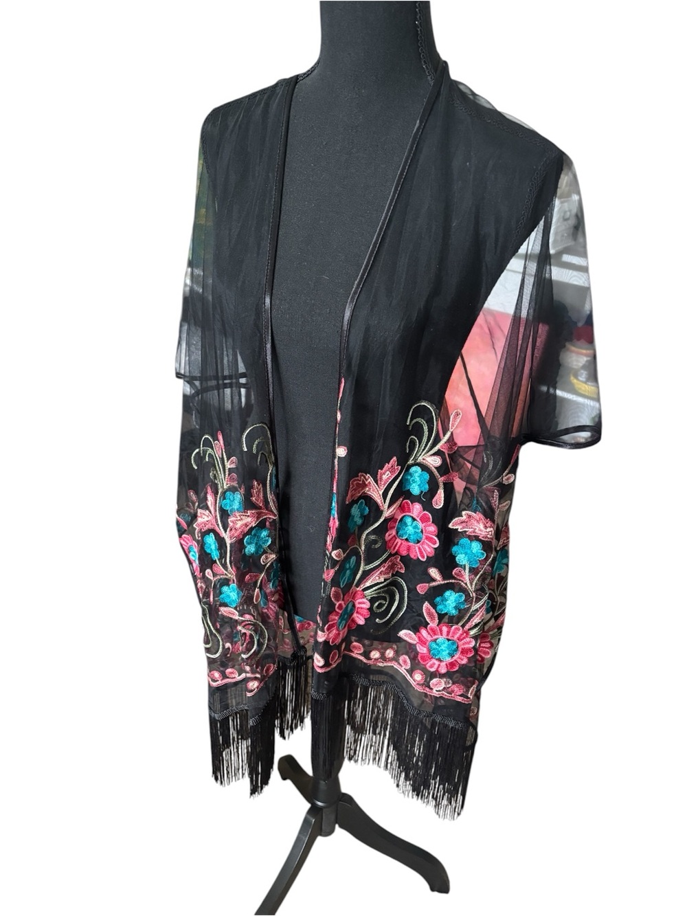 Black Sheer Embroidered Swim Cover-Up Kimono with Fringe, NWOT